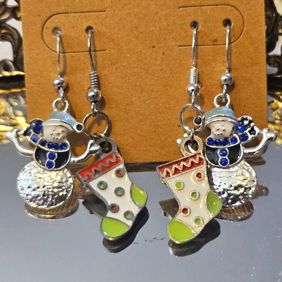 Retro Snowman And Christmas Stocking Holiday Earring Duo - Picture 1 of 5